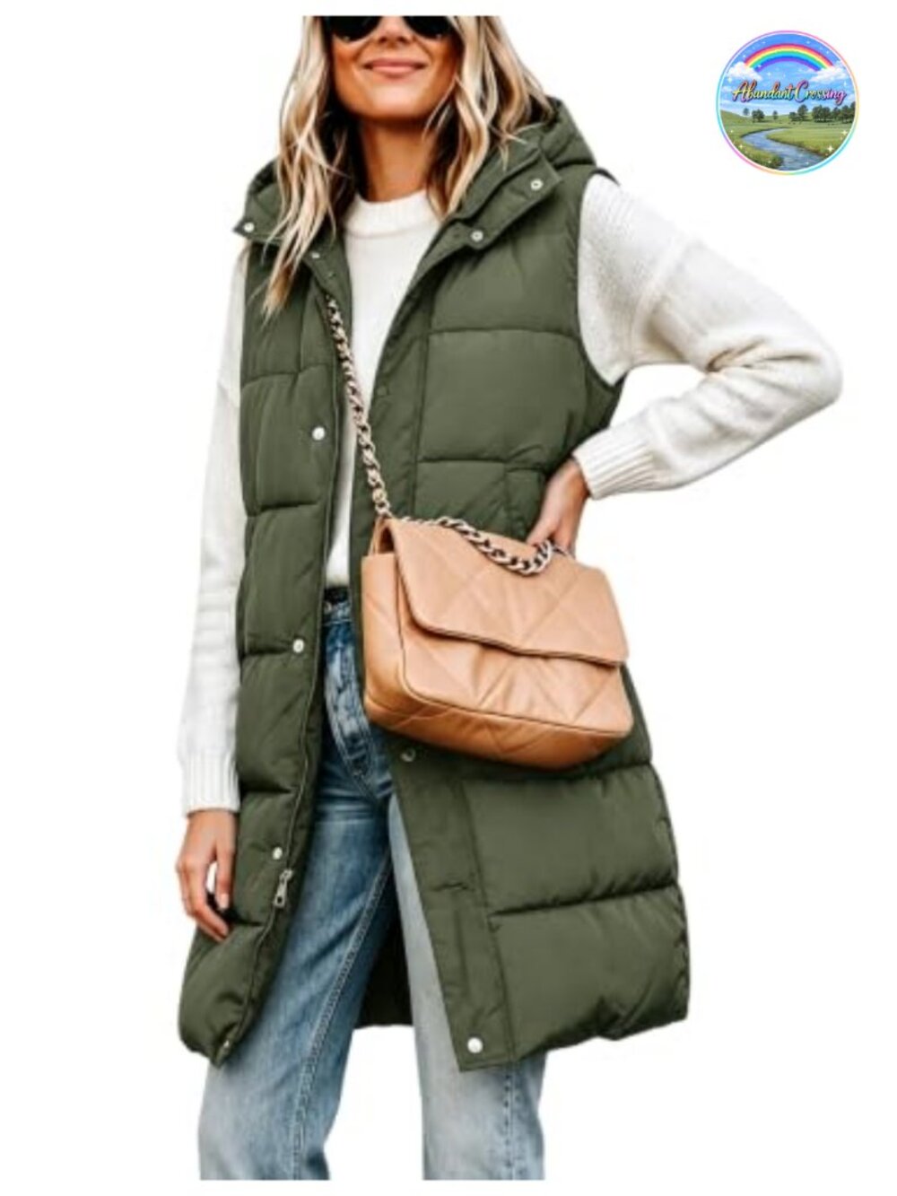 Women's Long Puffer Vest with Removable Hood Sleeveless Zip